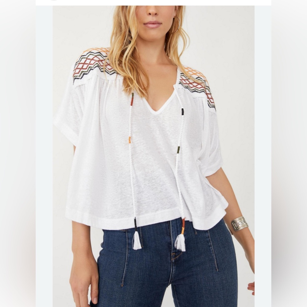 Free People Market Embroidered V-Neck Tee